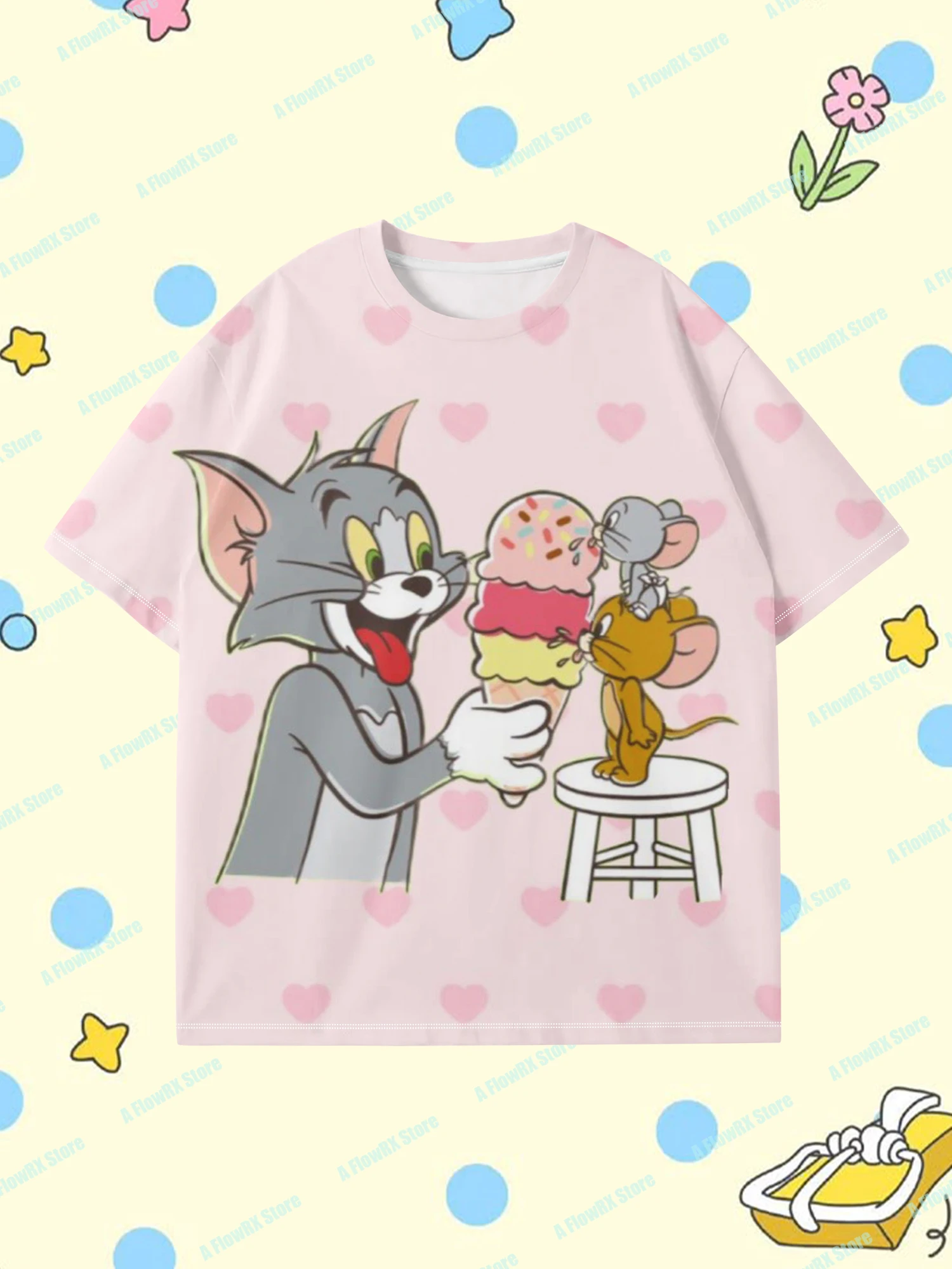 تي شيرت TOM and JERRY مطبوع ثلاثي الأبعاد مثالي للاستخدام في الهواء الطلق مناسب للرجال والنساء والكبار والأطفال في الصيف ومريح