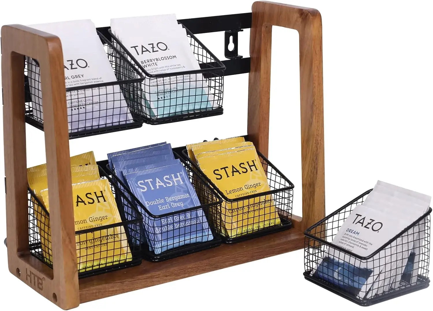 

Двухуровневый органайзер для чая с подставкой из дерева акации и 6 металлическими корзинами для чайных пакетиков, сахара, крепления — шкаф, столешница, настенный монтаж