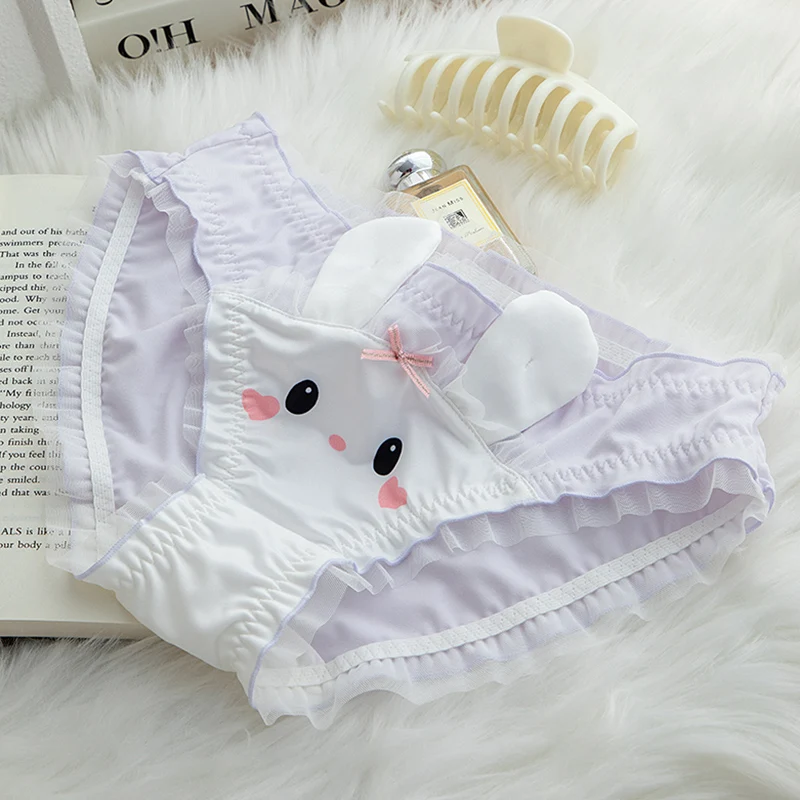 Cartoon Cute Rabbit Underpants Lolita Girls Japanese Printed Rabbit Milk Silk Panties Medium Low Waist Lace Edge Triangle Pants