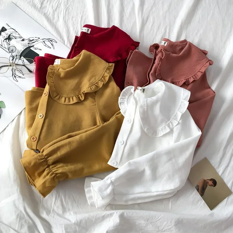 Women Peter Pan Collar Blouse Korean Fashion Clothing Vintage Shirt Kawaii Clothes Girl Basic Tops Long Sleeves White Red