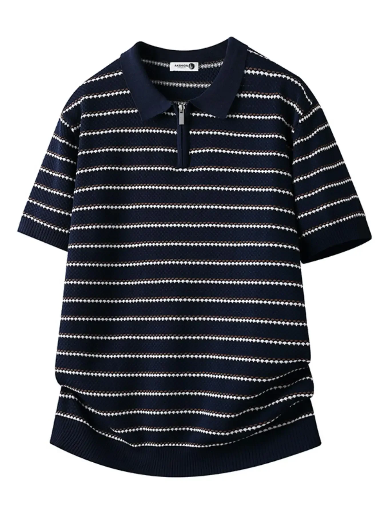 Men's Summer Minimalist Striped Knit Polo Shirt, Fashion Lapel Half-Zip Short Sleeve Top, All-Match Comfortable Casual Sweater