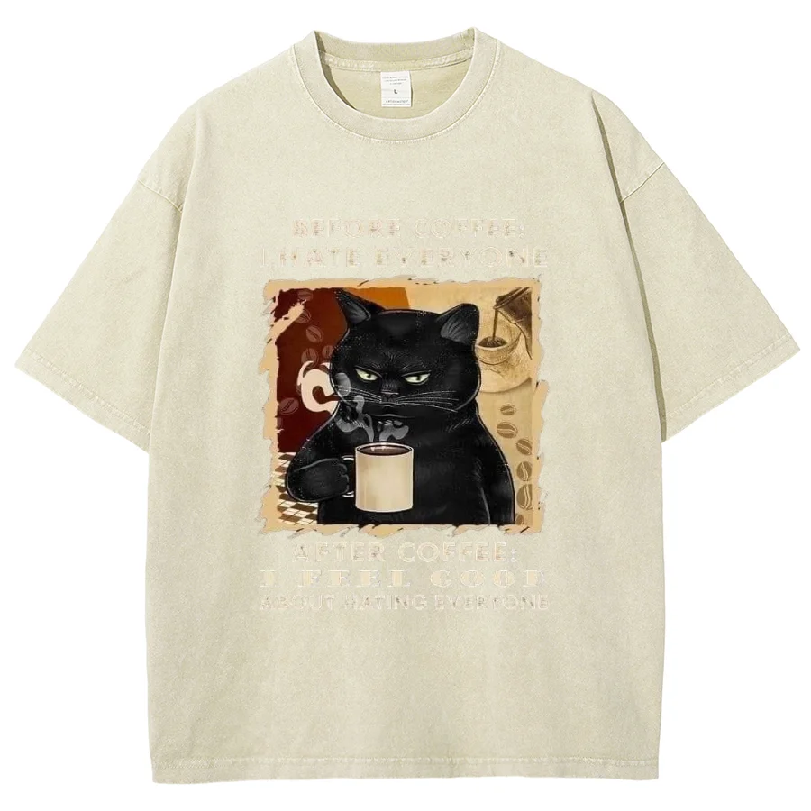 Black Lucky Cat Drinking Coffee Print Unisex T-Shirt Loose Plus Size Oversized Short Sleeve American Vintage Harajuku High Stree image 3