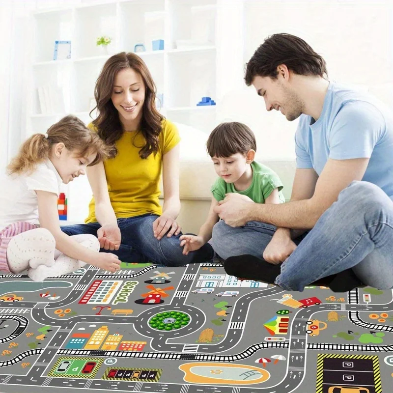 VIKAMA Car Game Mat Playful Cityscape Playmat Large Area Rug with Vibrant Roads, Buildings, and Cartoon Print Design Home Decor