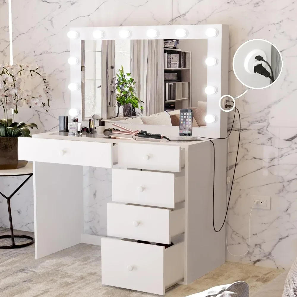 Makeup table with mirror and light, 5 drawers, storage space, glass countertop, white dressing table in bedroom