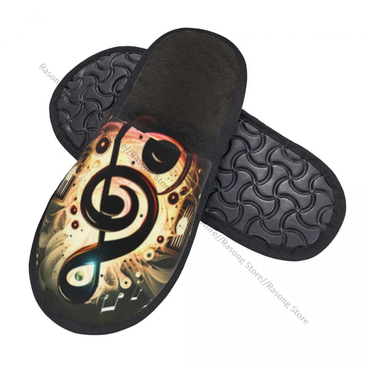 Fur Slipper For Women Men Fashion Fluffy Winter Warm Slippers Abstract Music Notes And Swirls House Shoes