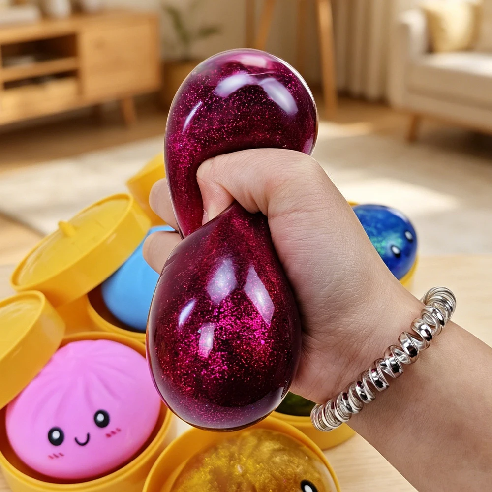 Cute Steamed Bun Squishy Toys, Shiny Glitter Dumpling Squeeze Fidget Toy With Miniature Steamer, Slow Rising Stress Relief  Toy