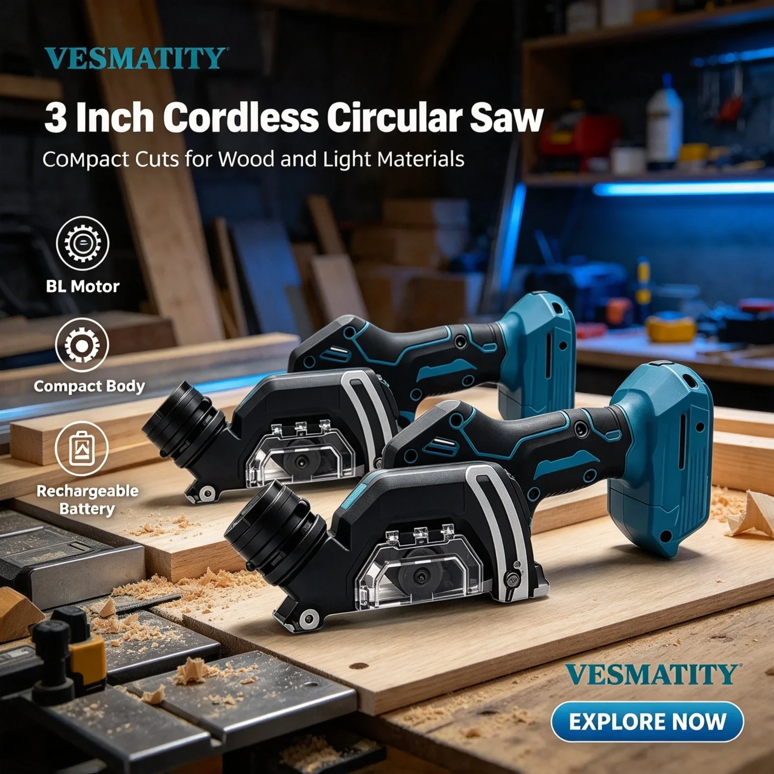 Vesmatity Mini Electric 3 Inch Brushless Circular Saw Cordless Handheld Cut Off Tool Grinder Wood Tile Metal 18V Battery Set
