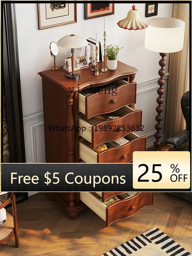 Solid Wood Chest of Drawers Bedroom Living Room Four Buckets Side Cabinet Retro Wall Locker