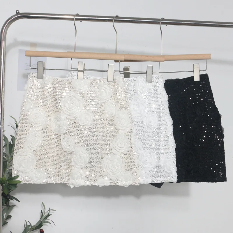 

3d Flower Sequin Hip-wrapped Skirt for Women High Waist and Thin A-word Mini Bodycon Skirt