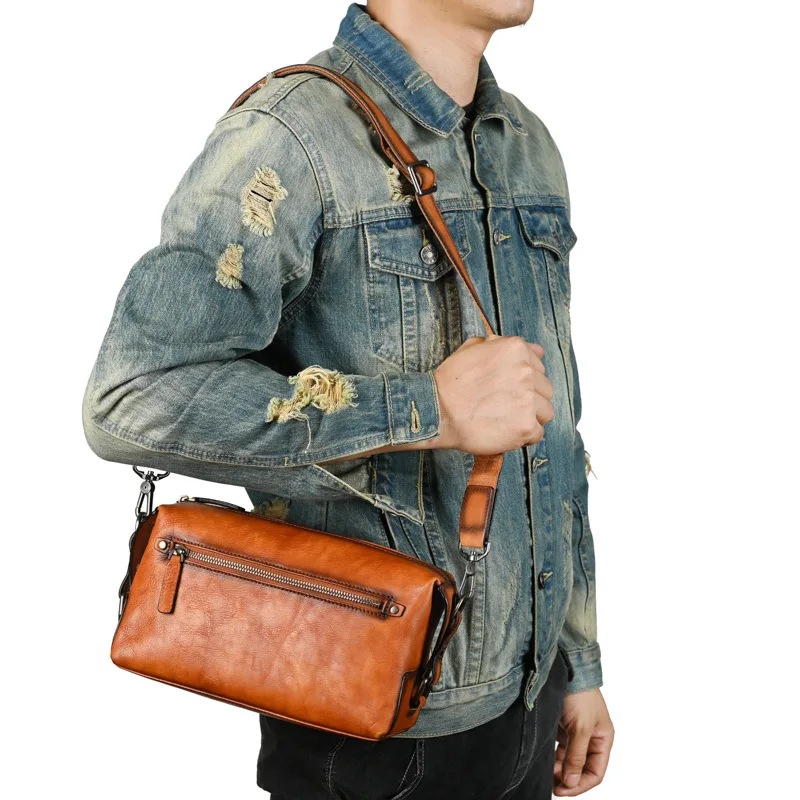 Original Retro Vegetable Tanned Leather Men's Bag Shoulder Messenger Bag Casual Korean Genuine Leather Crossbody Bags 2024 New