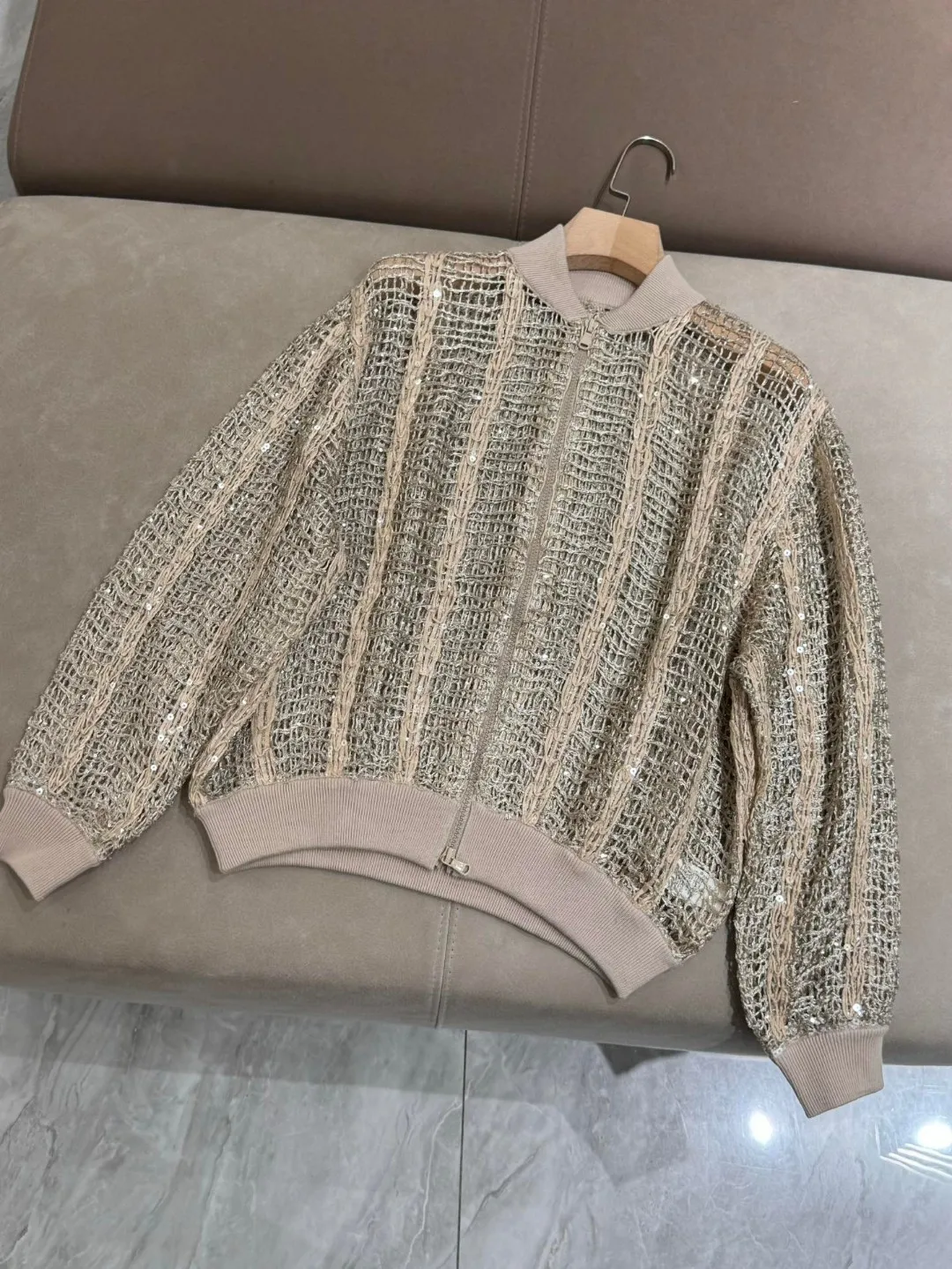 Hollow mesh knitted sparkling yarn pilot jacket