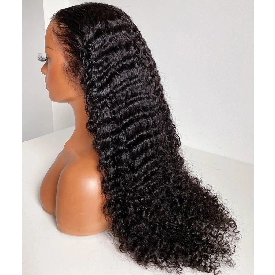 Pelucas delanteras de encaje rizado profundo sintético sin pegamento para mujeres negras, cabello de bebé, densidad 180, 30 pulgadas