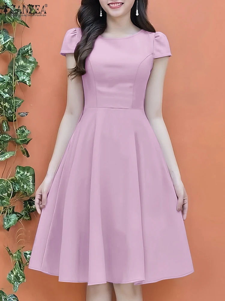 ZANZEA Casual Frau Vestidos Mode Kurze Flügel Hülse O-ansatz Hohe Taille Knielangen Kleider 2025, Sommer Elegante A-linie Roben