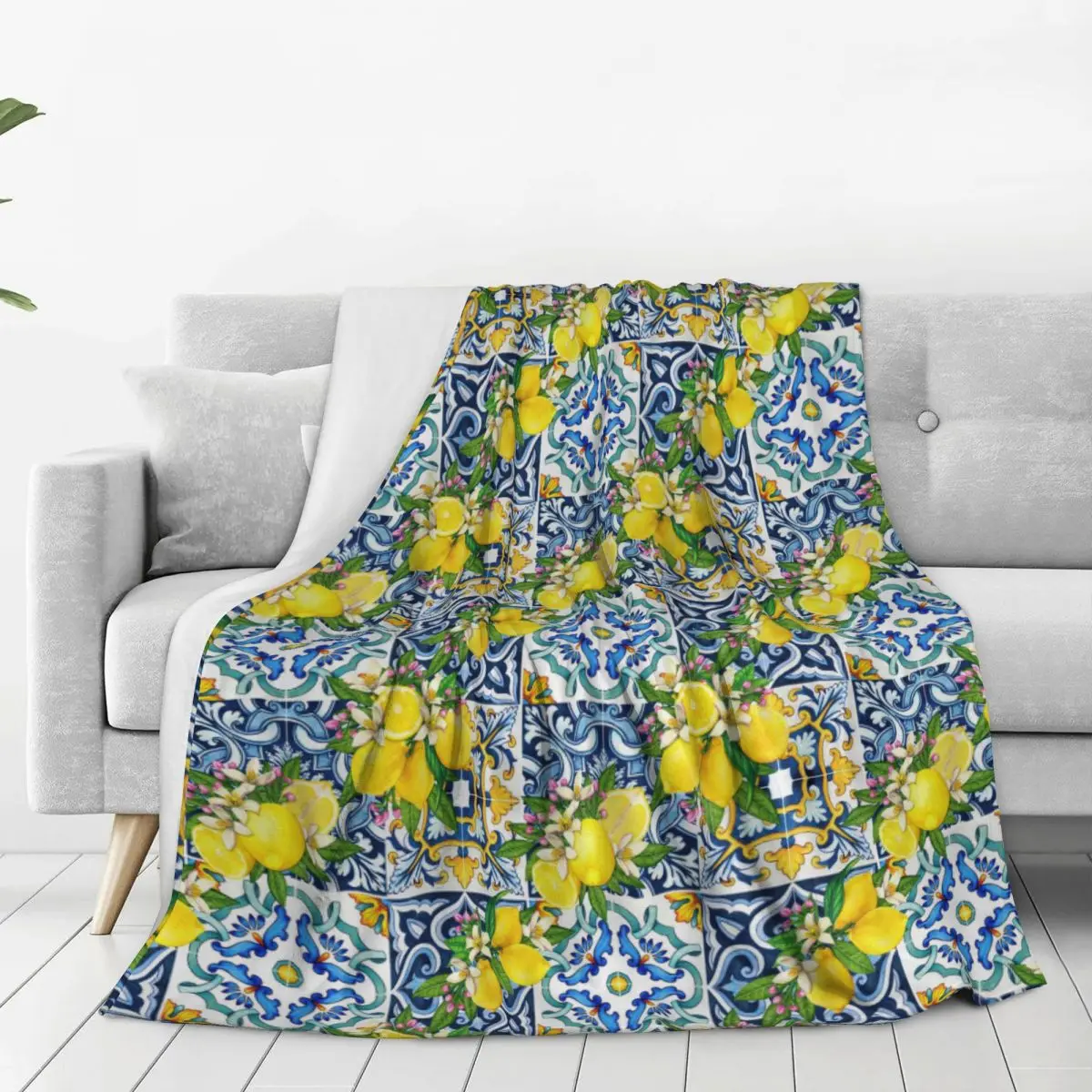 Bright Mediterranean Sicilian Tiles With Citrus Lemons Blankets Flannel Warm Sofa Throw Blankets For Couch Bedding Office Quilt