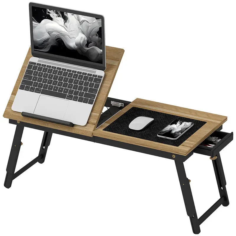 Betttisch, Laptop-Tisch, höhenverstellbar mit Schublade, klappbar für Sofa, Bett, Arbeit, Eiche