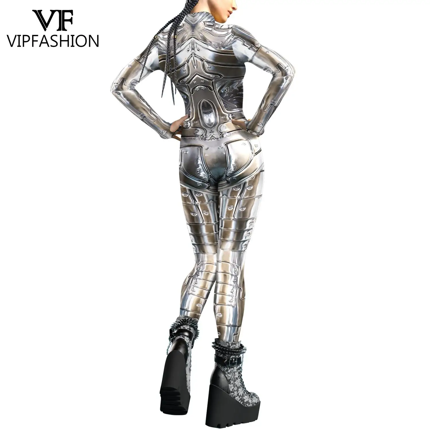 VIP FASHION Punk Cosplay Costume for Women Front Zipper Robot Jumpsuit Female Zentai Suit Carnival Jumpsuit Party Clothes