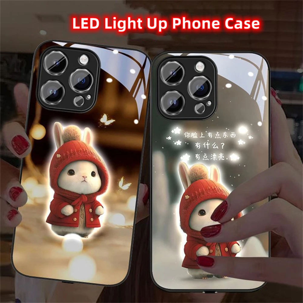 Winter Snow Rabbit Design Smart LED Light Glow Tempered Glass Phone Case For iPhone Air 17 16 15 14 13 12 11 Pro Max Plus