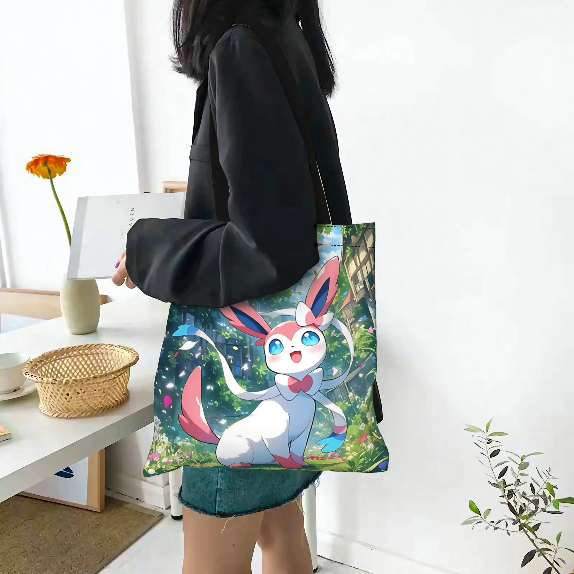 Customized Pokemon Eevee Eeveelution Women's Bag Shopping Bag Reusable Double Sided Canvas Tote Bag Shoulder Sylveon Handbag