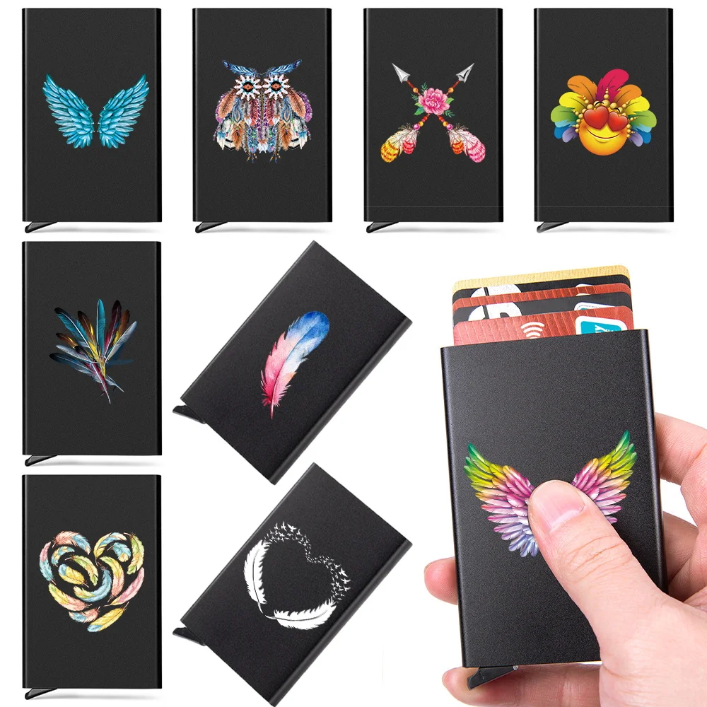 Slim Aluminum Wallet with Elasticity Back Pouch ID Credit Card Holder Mini Wallet Automatic Pop Up Bank Card Case Feather Print