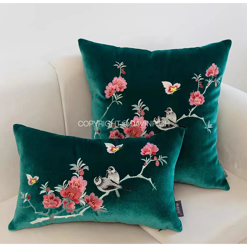 DAVINRICH Retro Emerald Green Lumbar Pillow Cover Tasseled Gorgeous Flower Embroidery Luxury Crushed Velvet Cushion Case 30x50cm