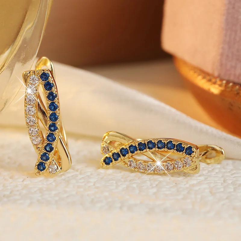 Exquisite Blue White Interwoven Zircon Earrings For Women Luxury Sparkling Golden Plated Earrings Fashion Jewelry Accessory