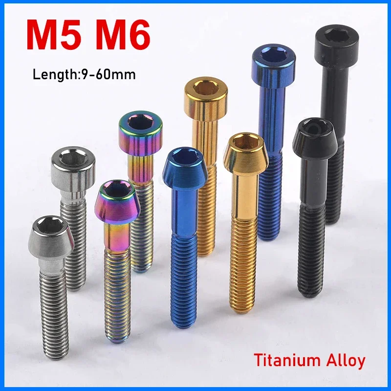 1Pc Titanium Bolt M5 M6 x 9 10 15 16 18 20 25 30 35 40 45 50 55 60mm Allen Key Taper Head Bolt Screw For Bicycle Stem Seatpost