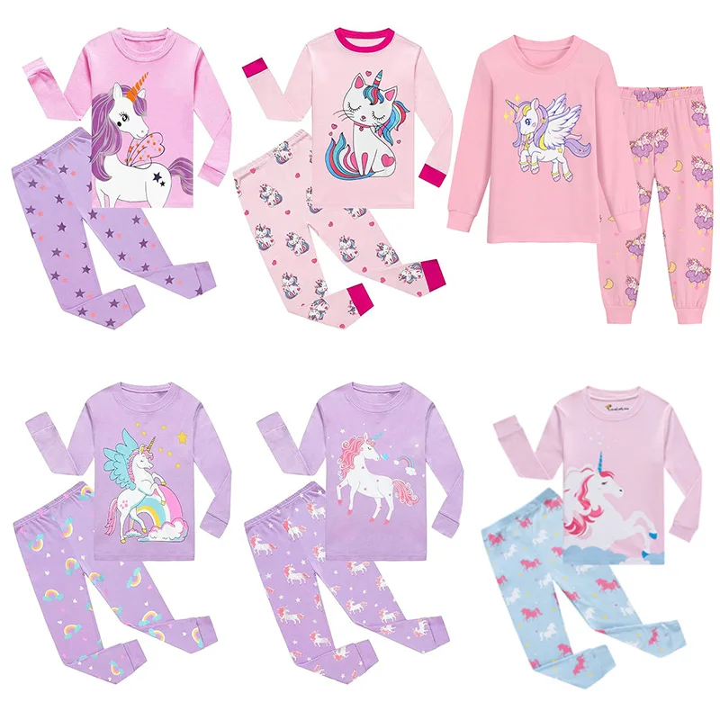 Little Hand Girls Long Sleeve Pajamas Toddler Unicorn Print 100% Cotton 2 Pcs Pjs Sets Kids Cute Sleepwear Shirts for 2-7T