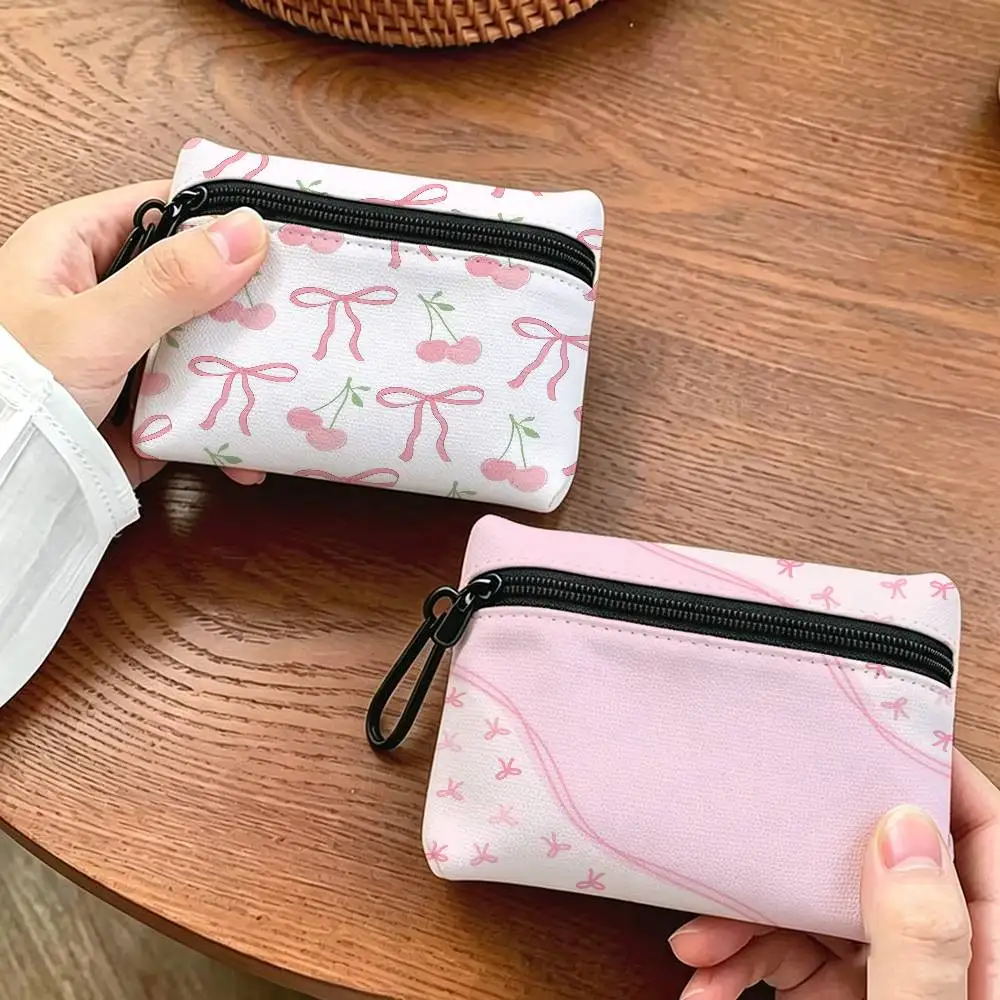Pink Bow BEAUTY  Cloth Coin Purse With Carabiner Hook Portable Key Card Wallet Small Zipper Storage Pouch