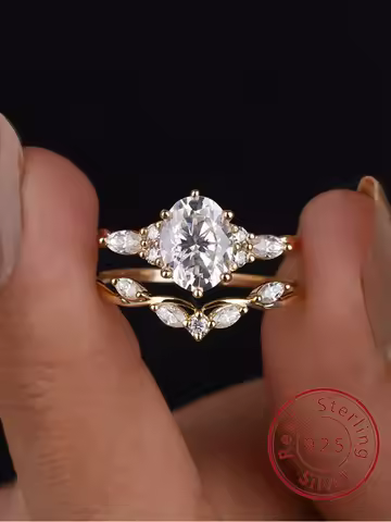 925 Sterling Silver Shiny Oval Marquise Zircon Ring Set For Women Engagement Wedding Luxury Fashion High Quality Fine Jewelry