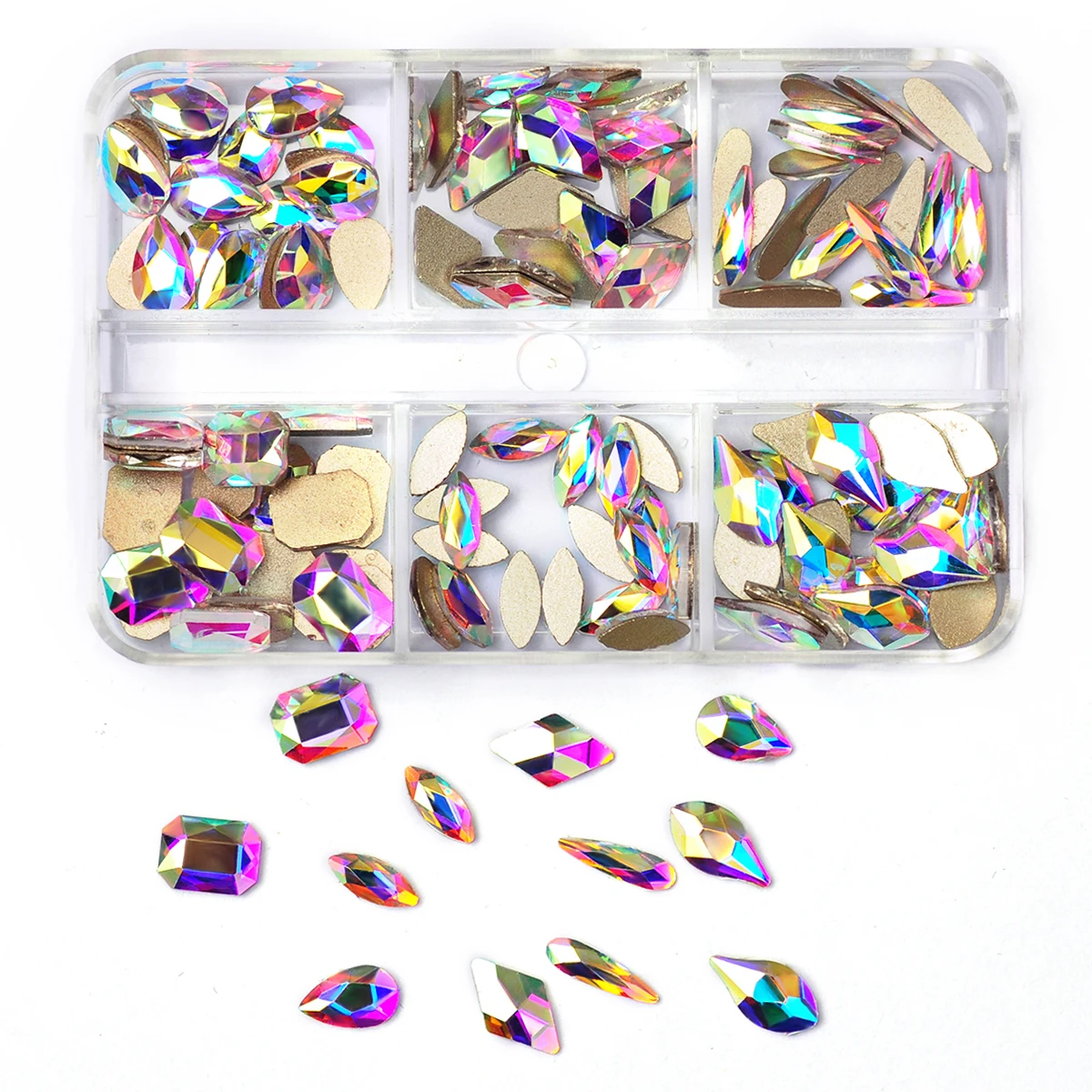 6 Grids Crystal AB Mixed Shapes Nails Rhinestones Flatback Glass Diamond Jewelry Making Beads for DIY Nail Art 3D Decoration