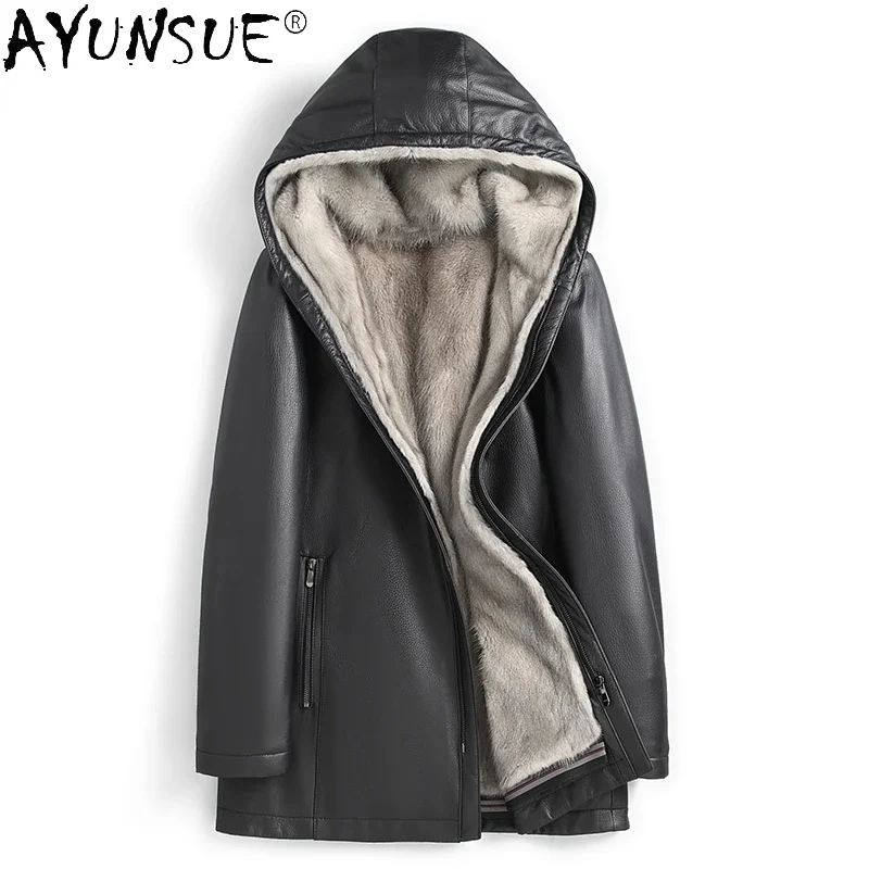 AYUNSUE Real Leather Jacket Men Clothes Imported Mink Liner Whole Mink Fur One-piece Fur Coat Men's Parkas Winter Warm Jaqueta