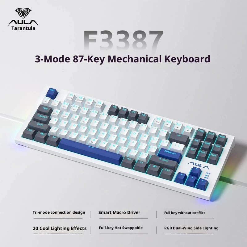 Aula Mechanical Keyboard F3387 Tri Mode Wireless 87 Key Layout Rgb Backlit Side Lighting For Gaming Office Desktop Laptop