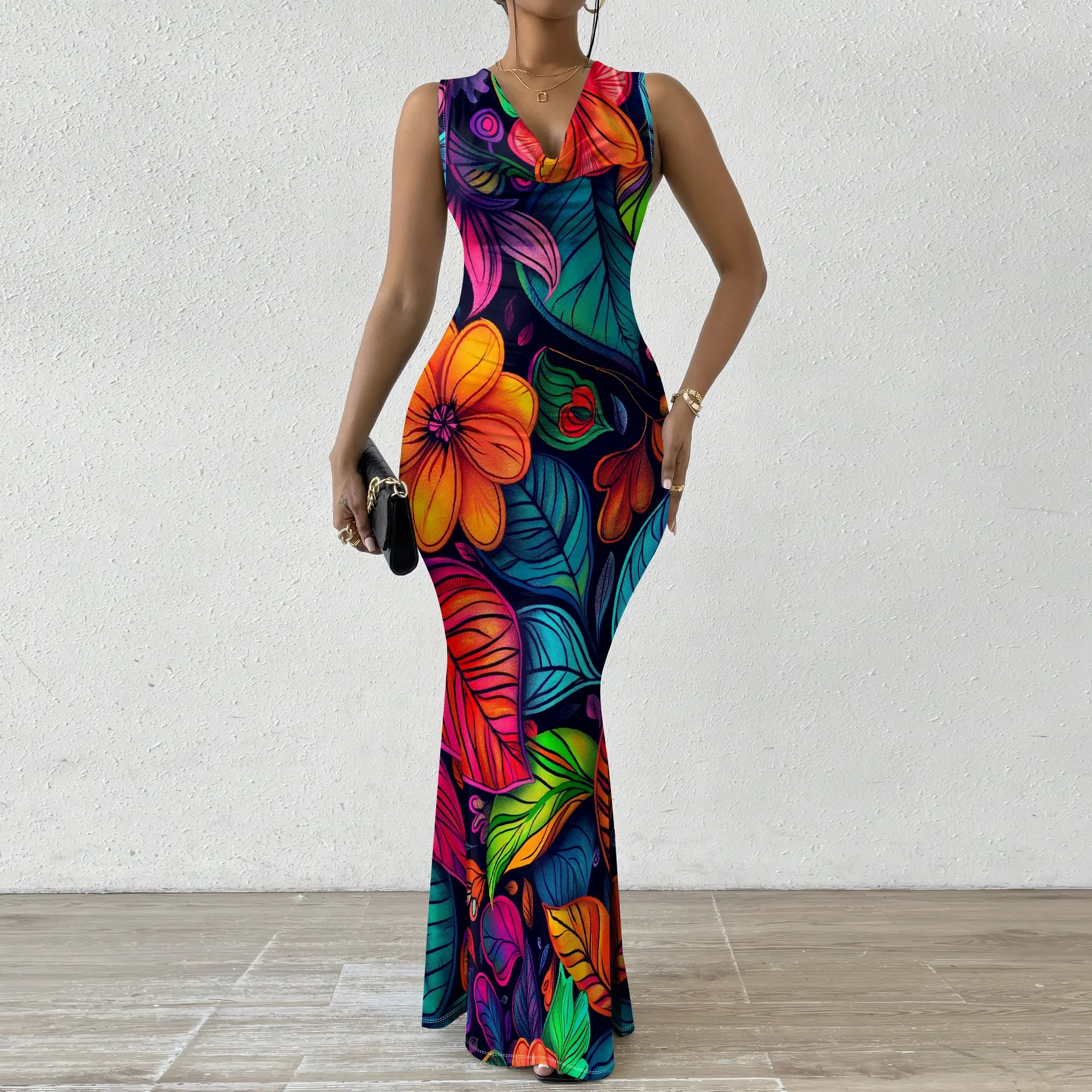 

Women's Sleeveless Cowl Neck Maxi Dress XS-2XL Vibrant Tropical Floral Caribbean Long Gown