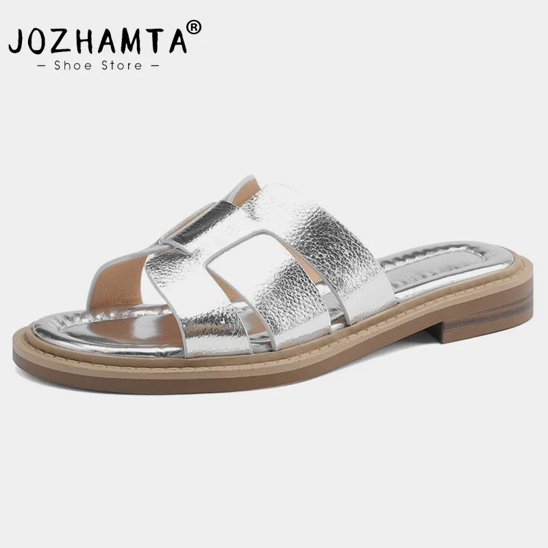 JOZHAMTA Size 34-40 Women Slides Sandals Genuine Leather Summer Low Heels Shoes Woman Home House Slippers Outdoor Casual Shoes