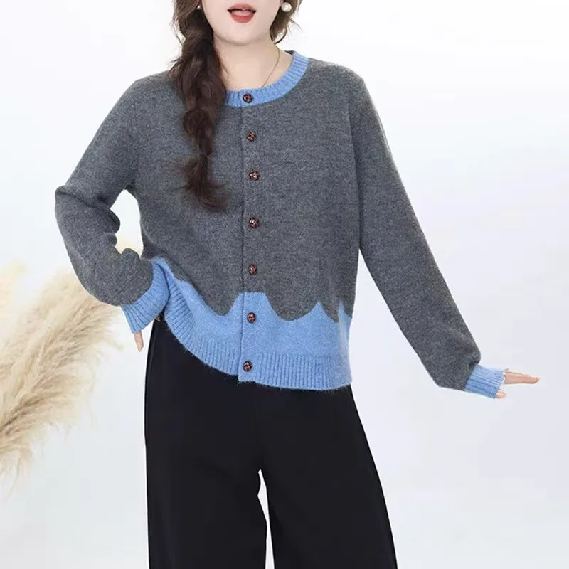 

Персонализированный женский вязаный кардиган контрастного цвета с круглым вырезом, новый свободный топ осени 2025, женский свитер-куртка