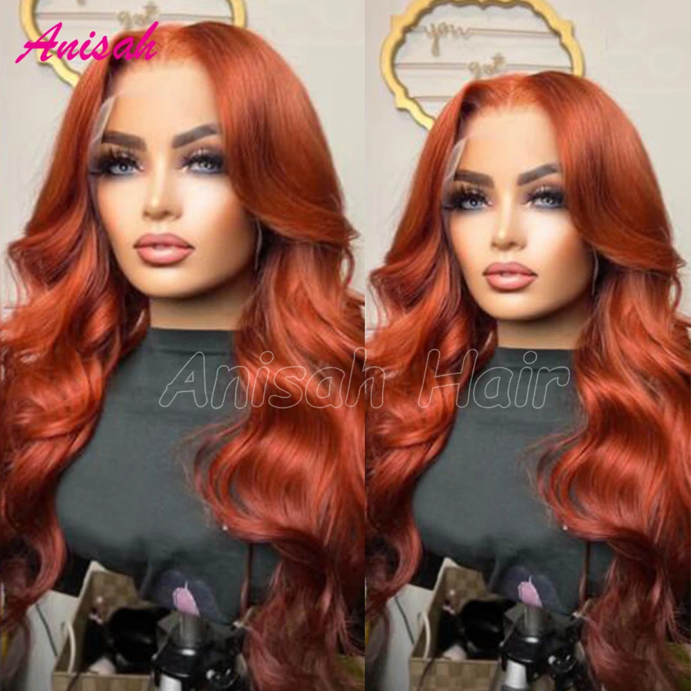 Peluca Frontal de encaje naranja jengibre sin pegamento, cabello humano transparente 13x4, pelucas de cabello humano brasileño para mujeres