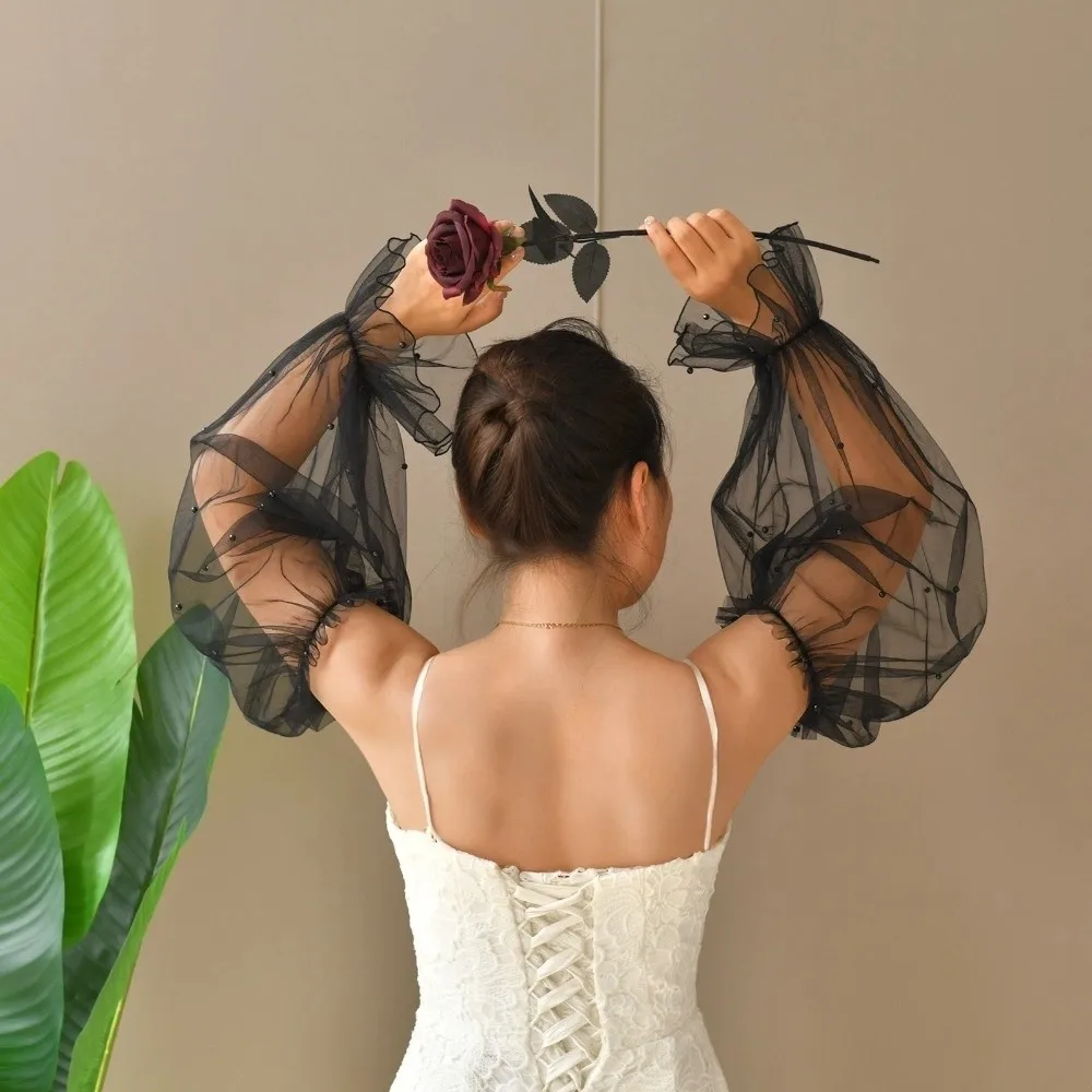 

Decorative with Pearl Bridal Sleeves Wedding Dress Elastic Cuff Detachable Sleeves Puffy Tulle Sleeve Party