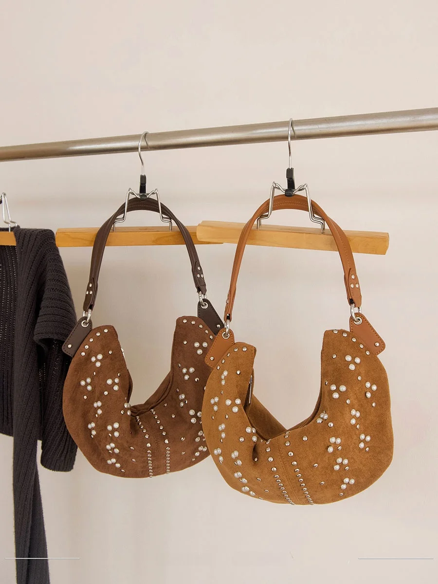 UGALS Autumn Winter Vintage Design Pearl Rivet Matte Saddle Tote Moon Tooth Armpit Shoulder Handbag Ladies Casual Simple Style