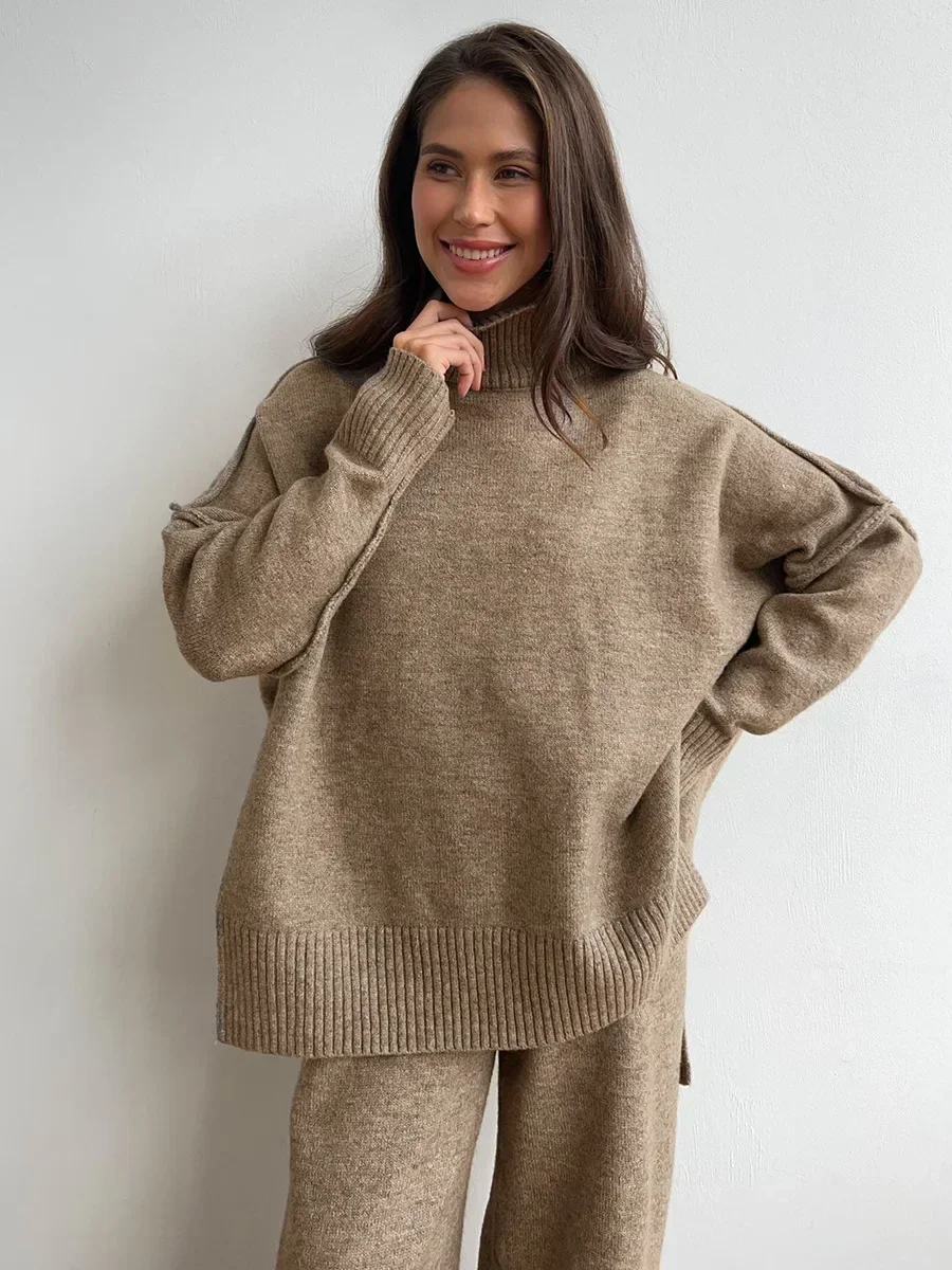 Bornladies Women\'s Autumn Winter Turtleneck Sweater Pants Set Loose Casual Knitted Sweater Thicke Loose Pullover 2 Pieces Sets