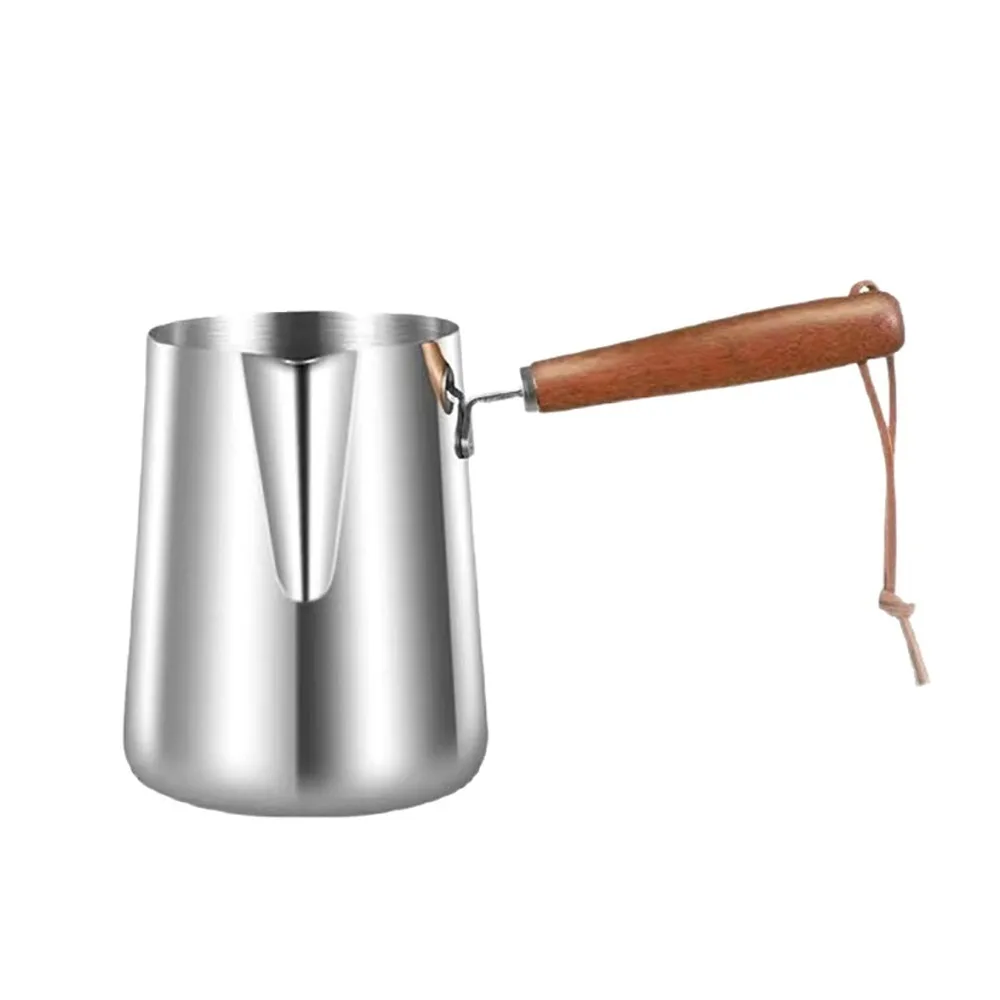 

304 Stainless Steel Milk Hotting Pot with Graduated Scale Silver Latte Mug Long Handle Heat-proof Coffee Jug Kitchen Tool