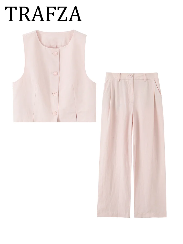 

TRAFZA 2025 Women's Pants Set Short Waistcoat With Vents+Wide-Leg Trousers Two Pieces Set Fashion Summer Lady Casual Pink Sets