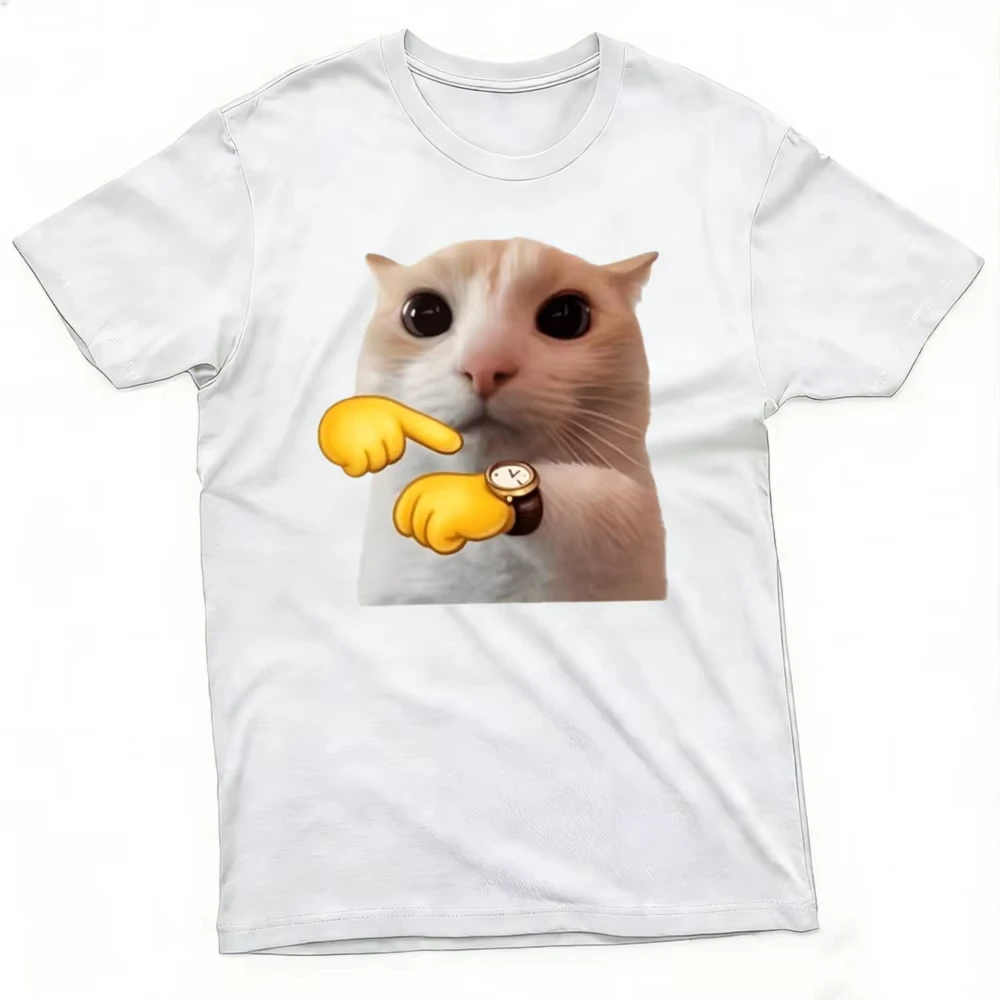 Cute White Cat Pointing Finger With Watch Funny Meme Graphic T Shirt Men Teen Streetwear Hip Hop Summer Short Sleeve Tee