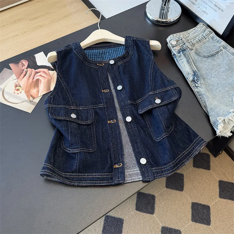 

Fashion Dark Blue Thin Short Denim Vest Women Big Pocket Round Neck Single-Breasted Sleeveless Cowboy Waistcoat Spring Summer