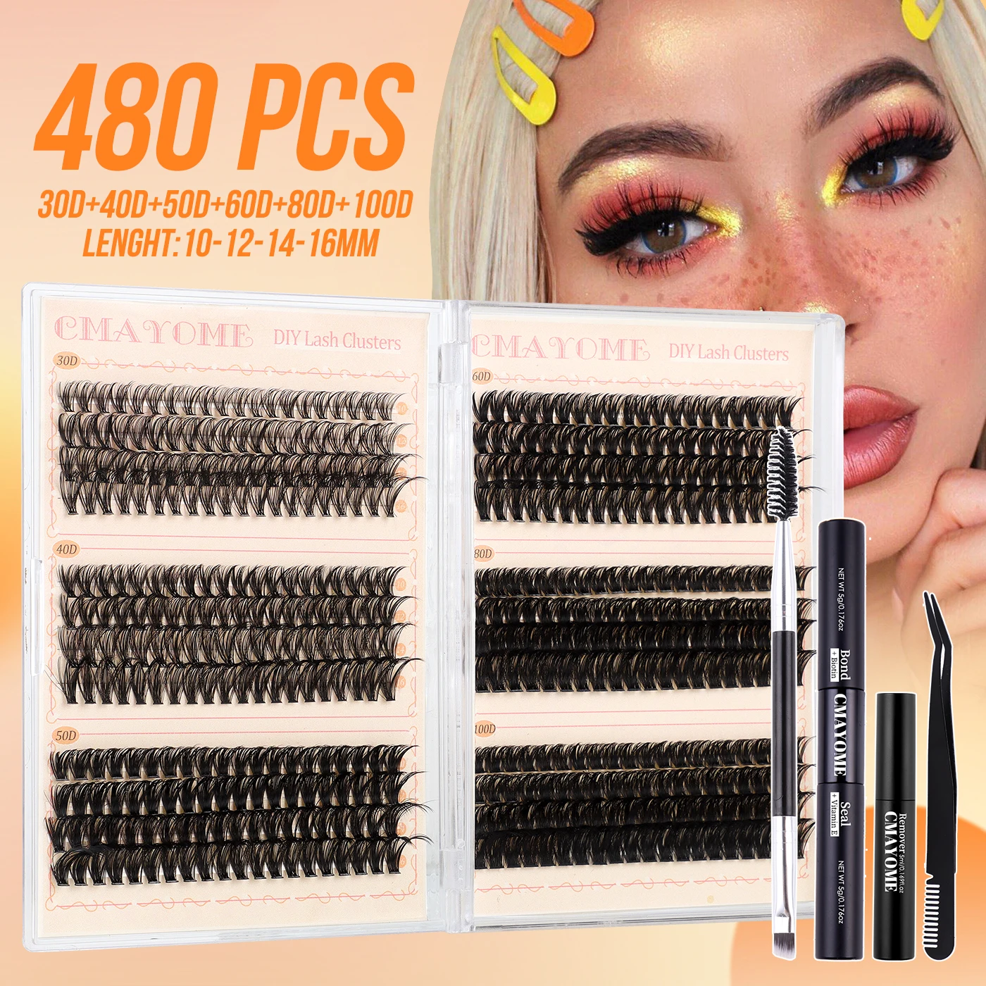 30D-100D Gemengde Gesegmenteerde Valse Wimpers 480 Cluster 10-16mm Dikke Wimpers Individuele Wimperverlenging Zacht en Natuurlijk