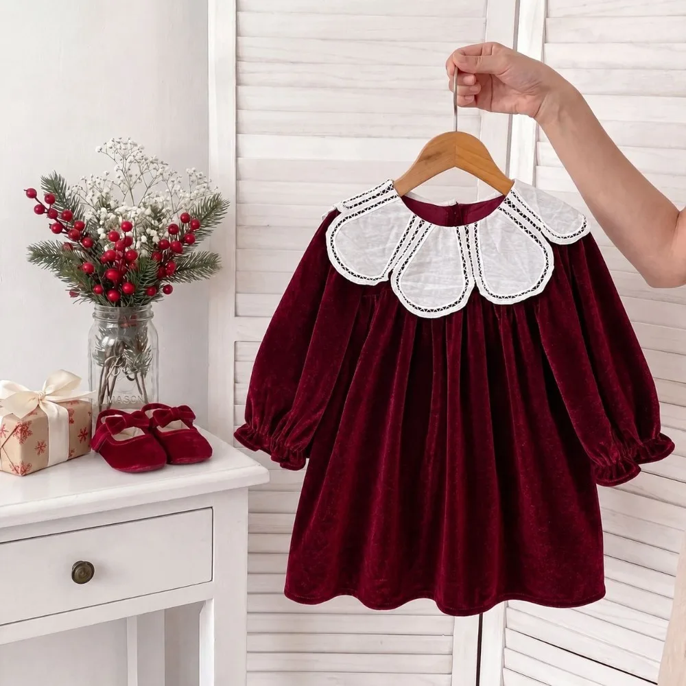 2026 New Girls Burgundy Velvet Dress, Petal Collar Long Sleeve Elegant Princess Dress For Toddler Baby Kids  for 80-130cm