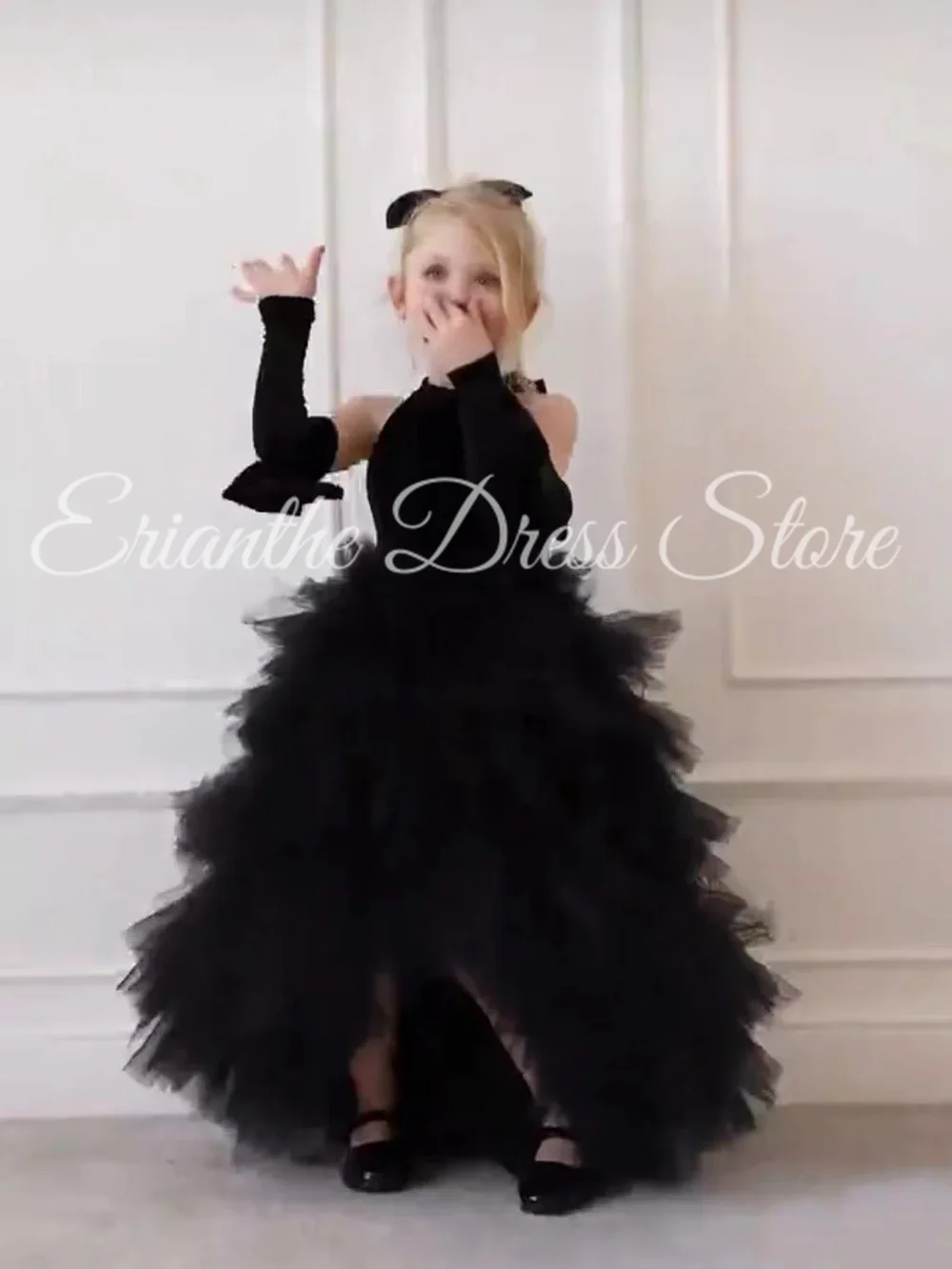 Robe de demoiselle d'honneur en velours noir, personnalisée, superposée, pour mariage, bouffante, sans manches, fête d'anniversaire pour enfants, robes de bal de première Communion