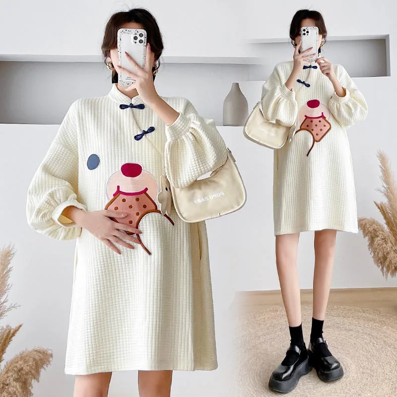 Maternity Dress Printing Puffy Sleeves Stand Collar Loose Waffle Checked Knit Winter Autumn Pregnant Women Dress