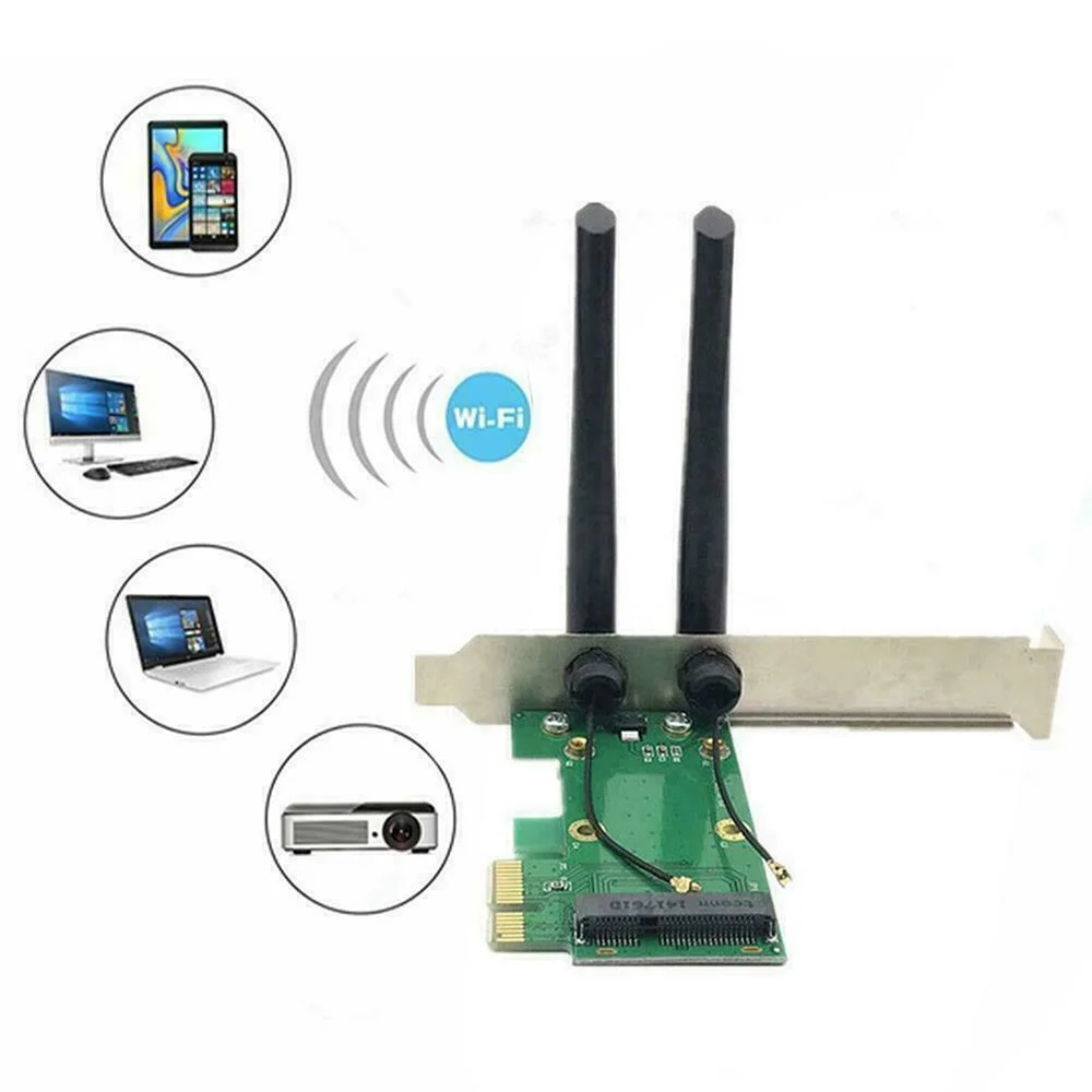 بطاقة لاسلكية WiFi Mini PCI-E Express إلى محول PCI-E مع هوائي خارجي للكمبيوتر الشخصي