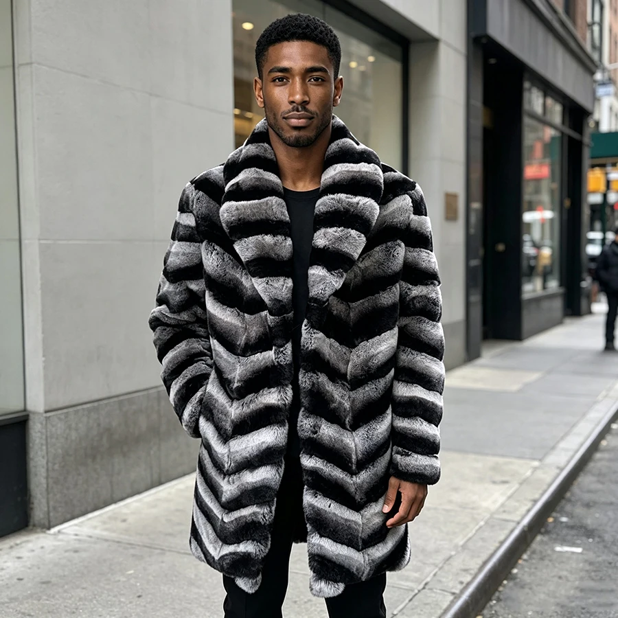 Long Natural Rex Rabbit Fur Coat With Suit Collar Chinchilla Coloured Jackets Men's Winter Fur Jacket Best Selling Real Fur Coat