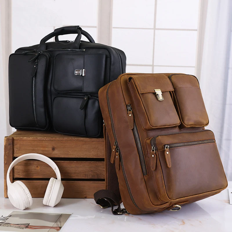 3 In 1 Men\'s Leather Briefcase Backpack Shoulder Bag Genuine Leather Crossbody Bag For Men Male Working Tote Multifunctional